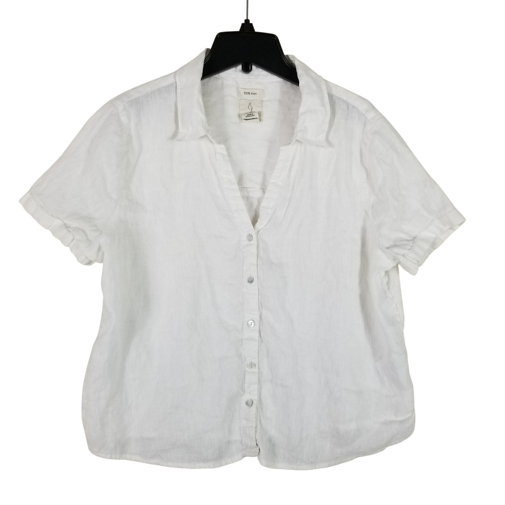 Joie Button Down Shirt Womens L White 100% Linen Short Sleeve Ladder Stitch Boho